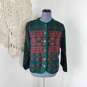 Vintage Tally Ho Green and Red Christmas Fair Isle Button Front Cardigan Large